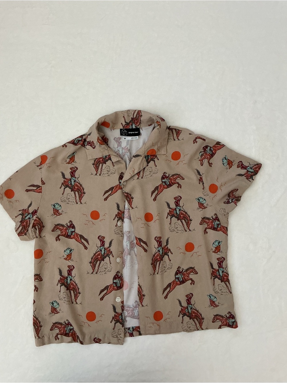Original Use Cowboy Western Rodeo Print Camp Shirt Rayon Button Up
